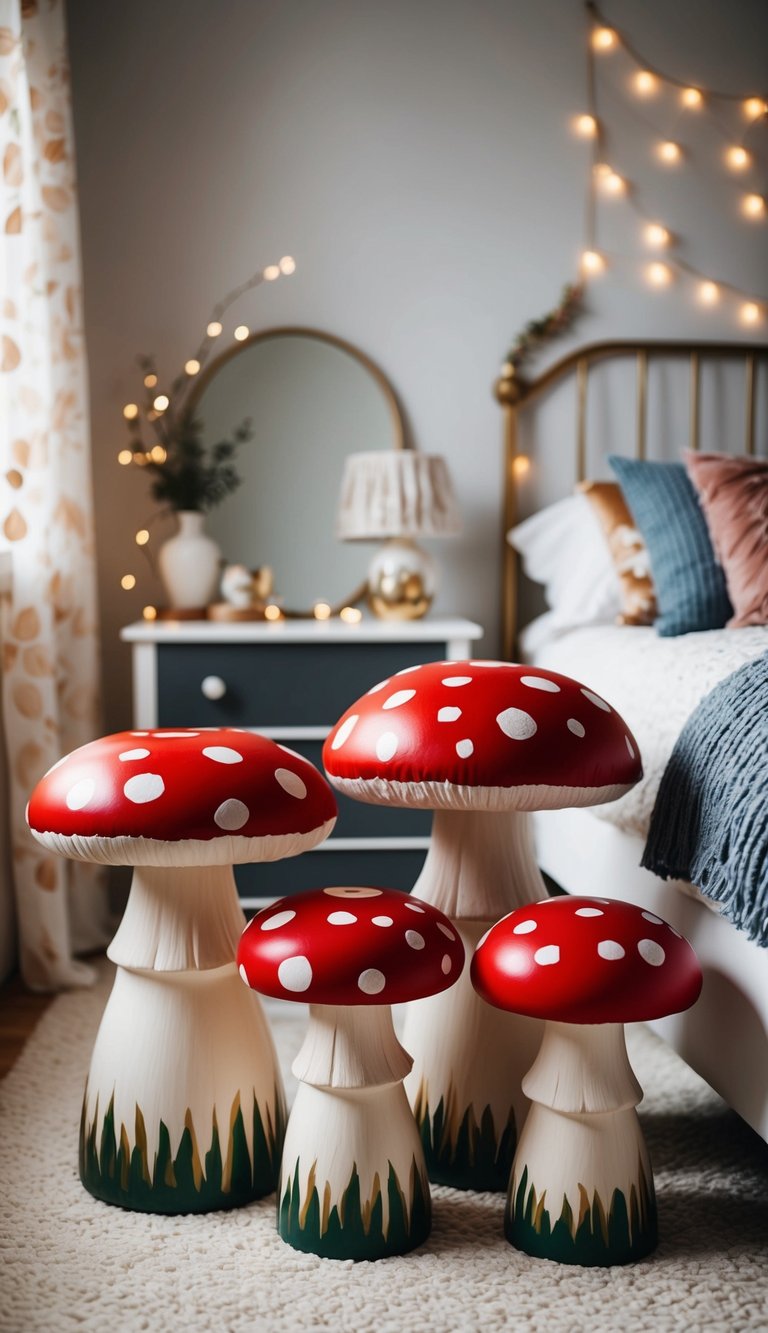 Hand-painted mushroom stools in a whimsical fairy bedroom setting