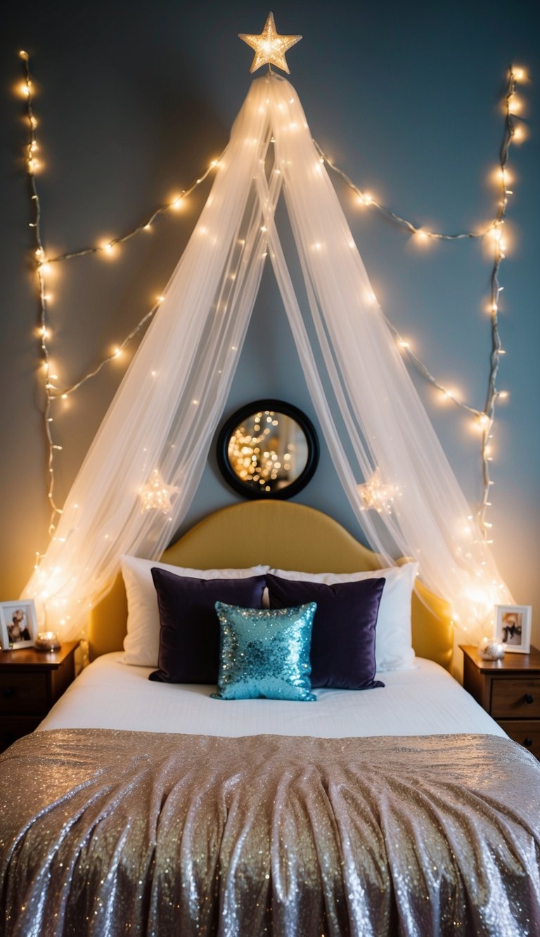 A fairy-themed bedroom with a shimmering tulle bed skirt, surrounded by magical decor and twinkling lights