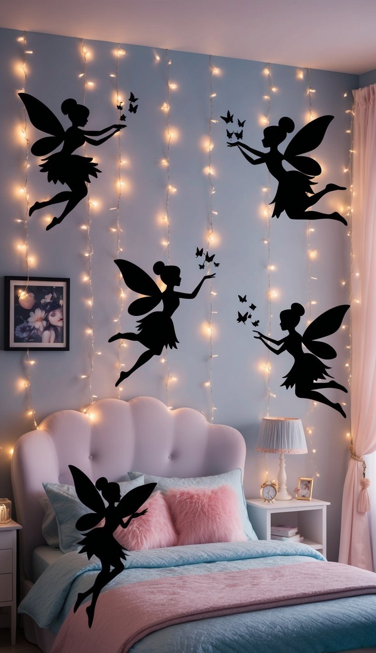 A group of whimsical fairy silhouettes fluttering around a magical bedroom filled with enchanting decor and twinkling lights