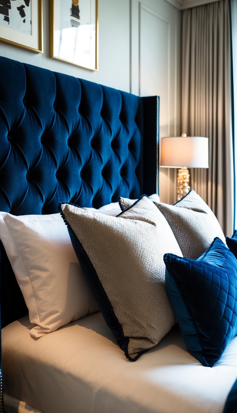 A deep navy velvet tufted headboard in a luxurious bedroom setting