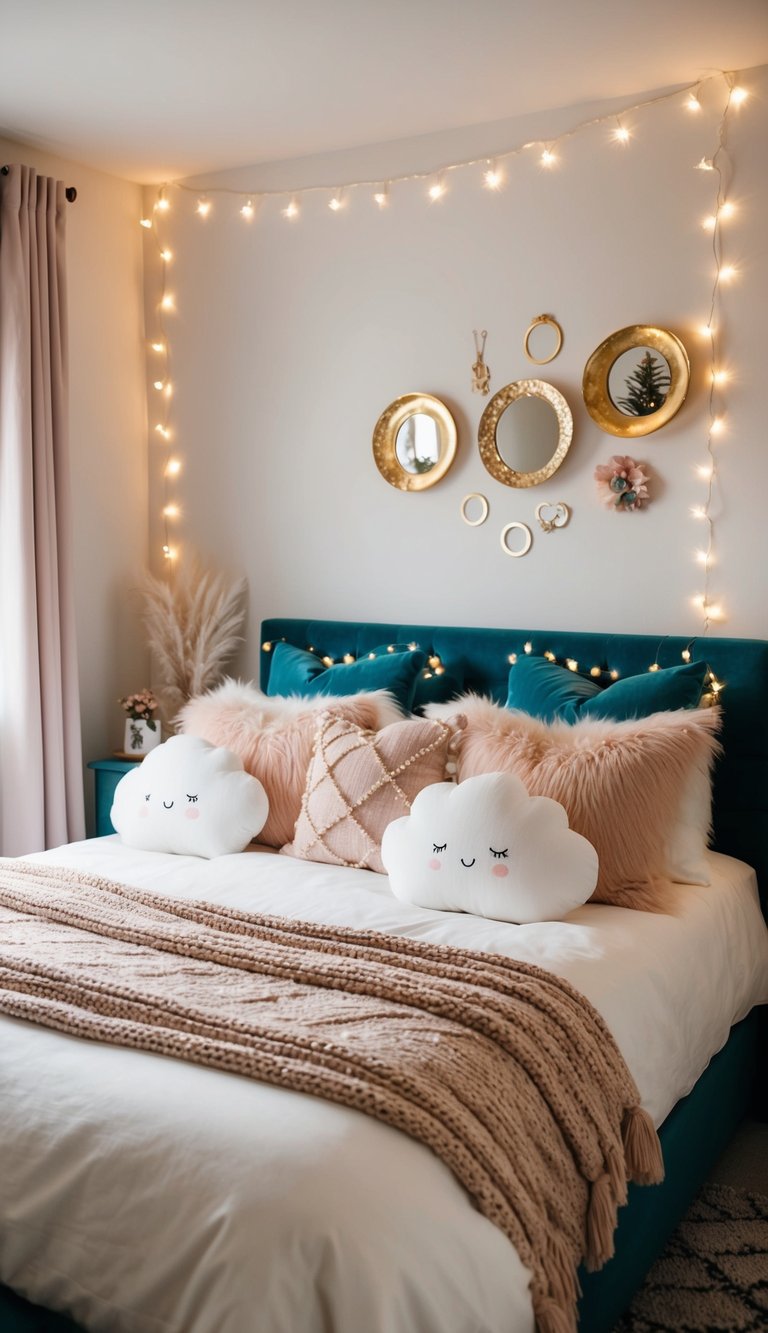 A cozy bedroom filled with fluffy cloud cushions, twinkling fairy lights, and whimsical decor