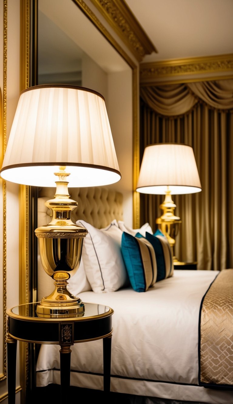 Two gold-accented bedside lamps illuminate a luxurious bedroom with opulent decor and elegant furnishings