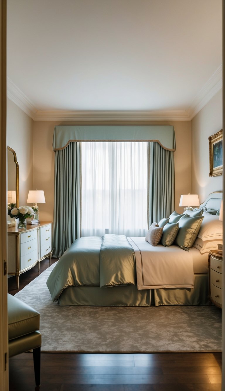 A luxurious bedroom with silk sateen bedding, elegant decor, and soft lighting