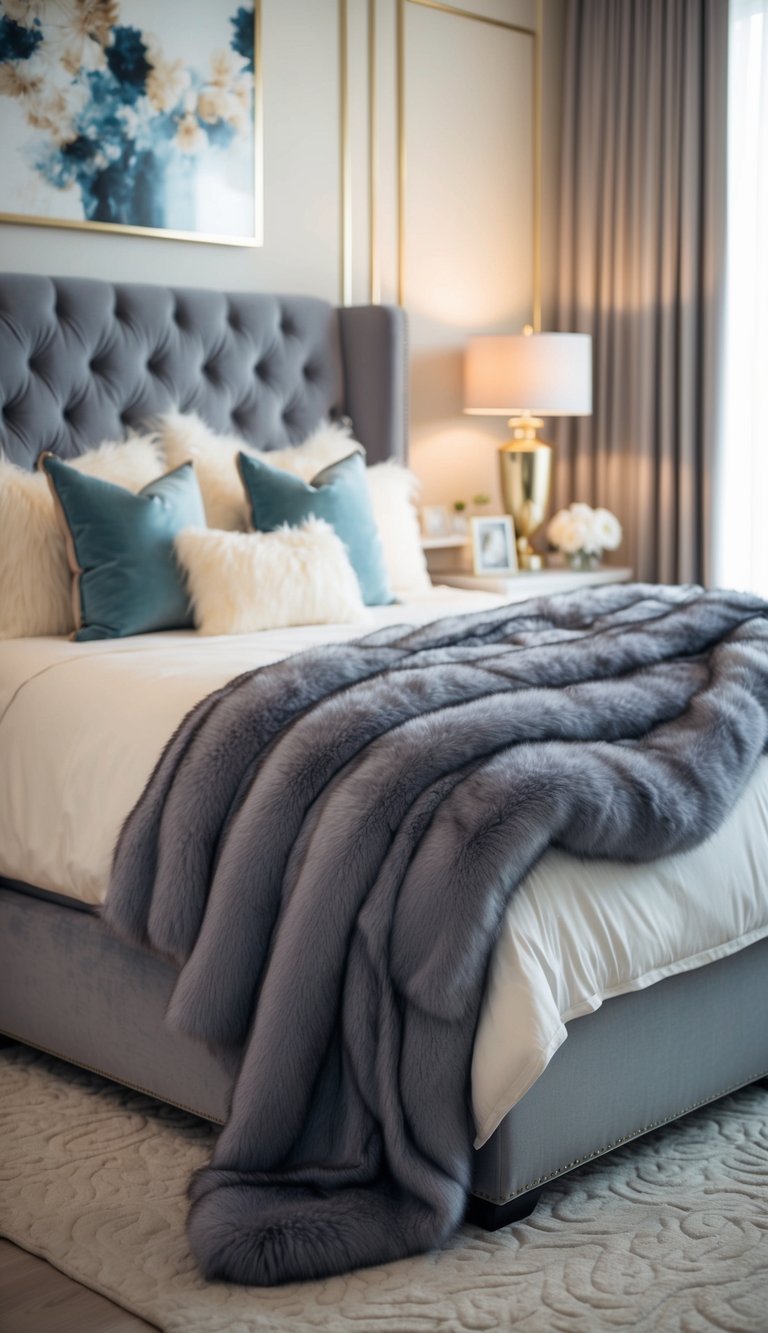 A plush faux fur throw blanket draped over a luxurious bed in a stylish bedroom with soft lighting and elegant decor