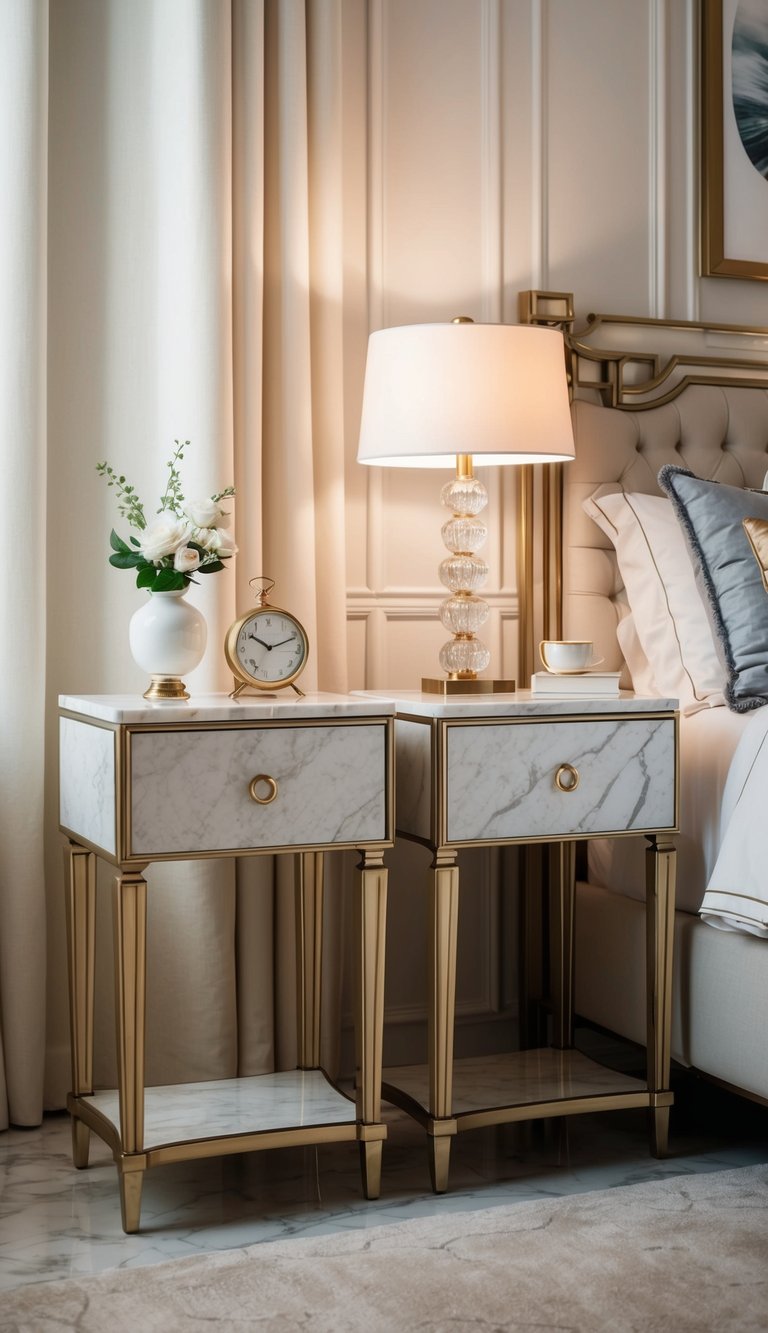 Two marble top nightstands in a luxurious bedroom with elegant decor and soft lighting