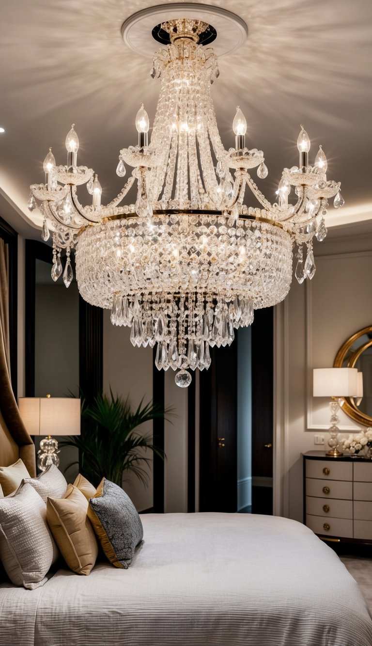 A grand crystal chandelier illuminates a luxurious bedroom with 24 elegant design ideas