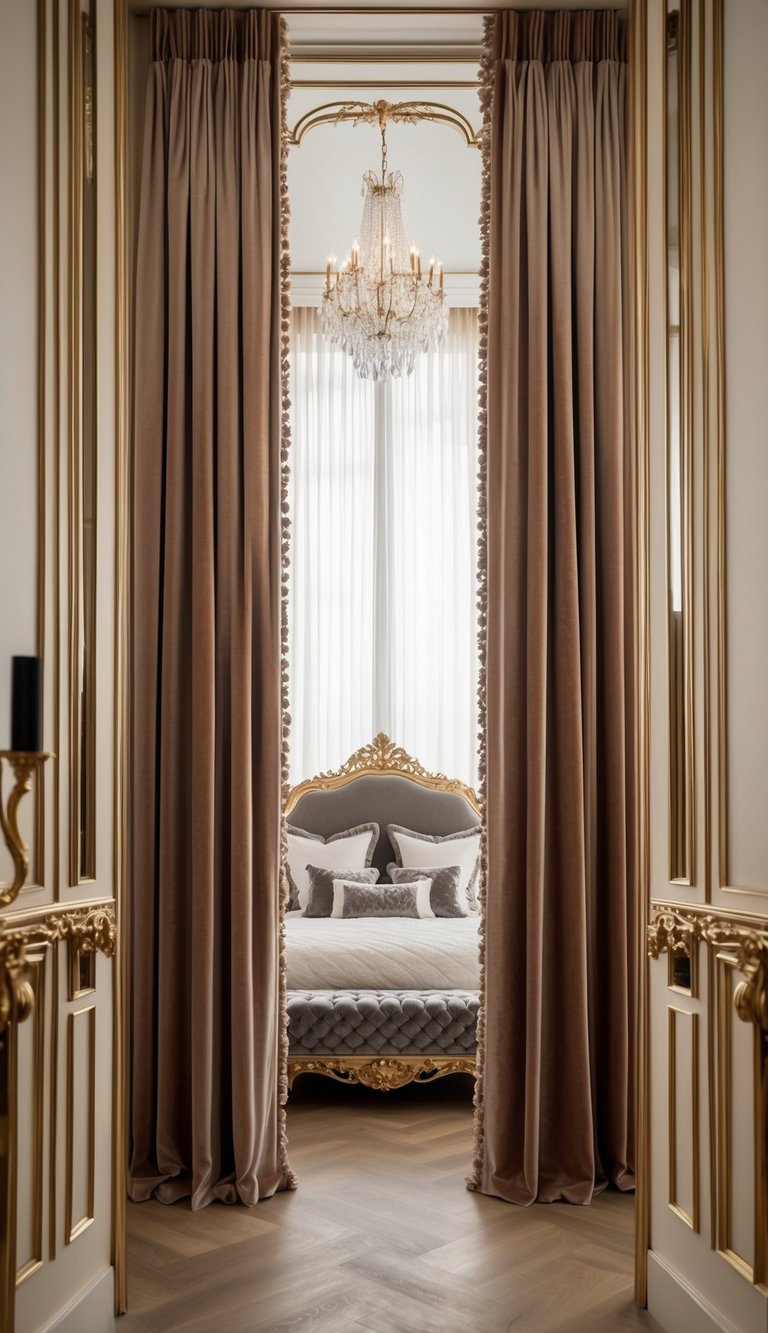 Floor-to-ceiling velvet curtains frame a luxurious bedroom with opulent decor and soft lighting
