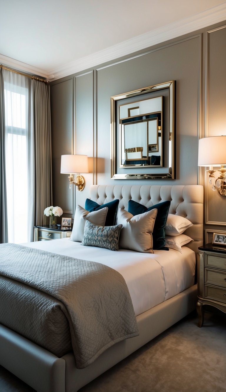 A luxurious bedroom with statement wall art in metallic frames, exuding opulence and sophistication