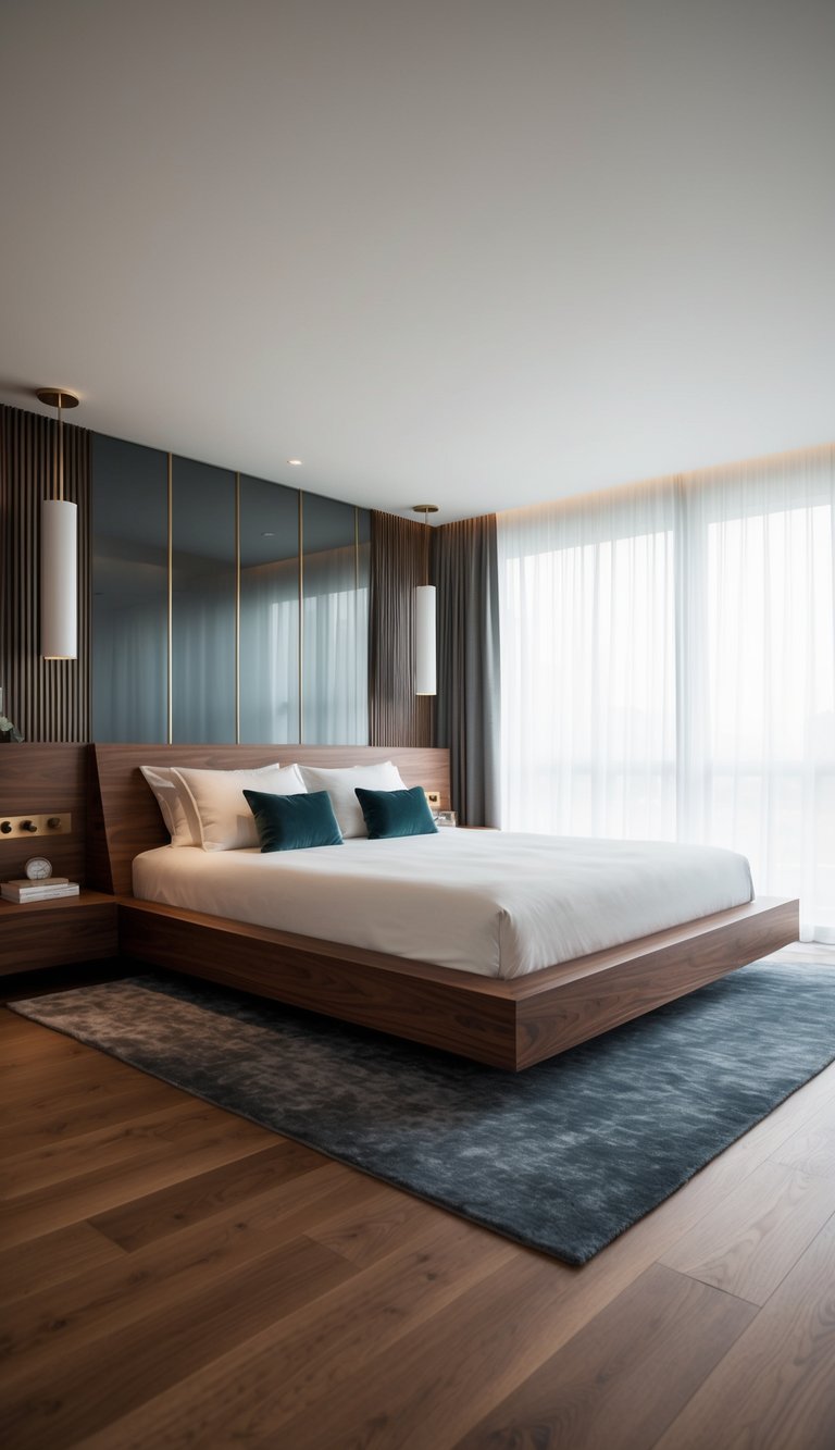 A sleek, solid walnut platform bed anchors a modern, luxurious bedroom with 24 luxe design elements