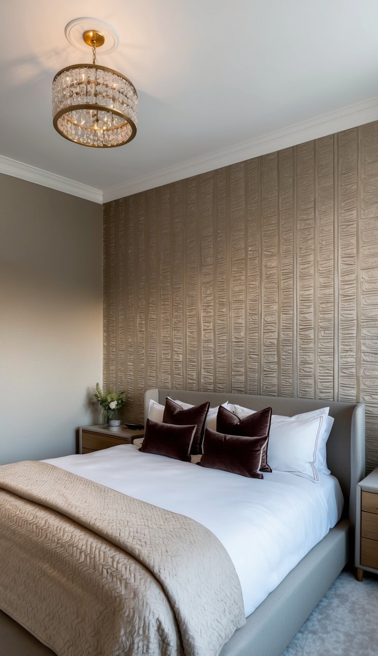 A bedroom with an accent wall featuring textured wallpaper, creating a luxurious and cozy atmosphere