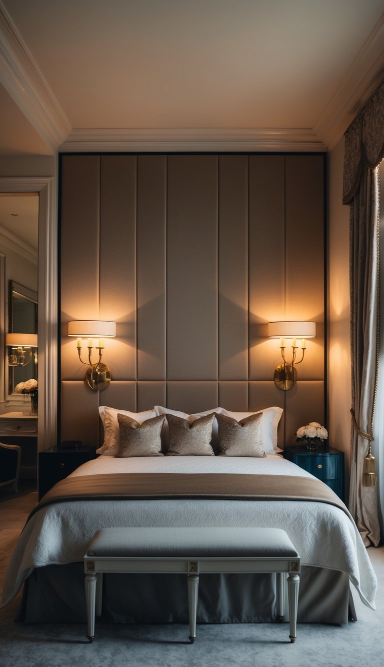 A luxurious bedroom with built-in wall sconces casting a warm, ambient glow. Rich textures and elegant decor create a sophisticated and inviting atmosphere