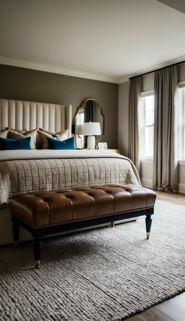 A leather upholstered bench sits at the foot of a luxurious bed in a stylish bedroom