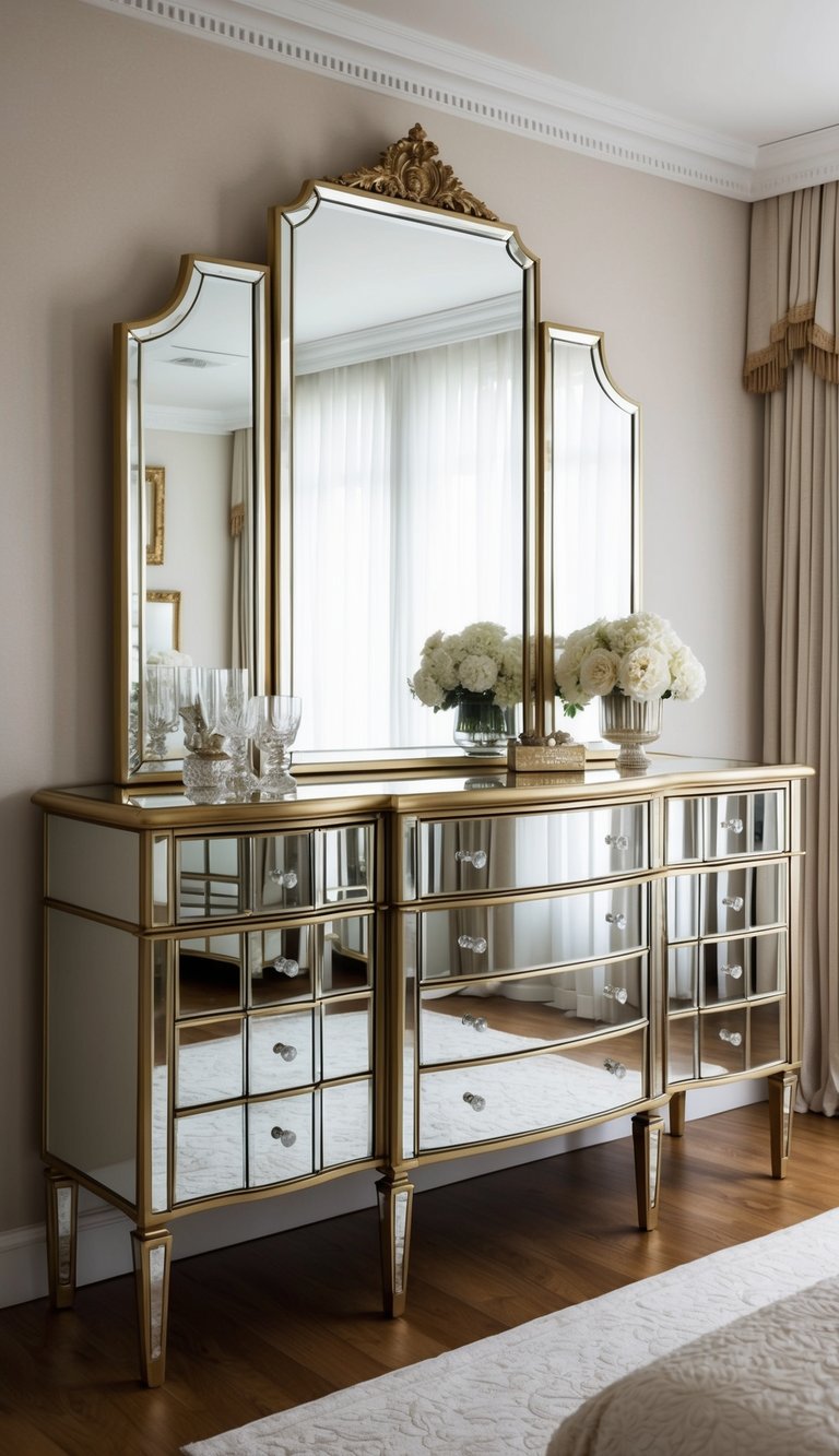 A mirrored dresser with gold trim stands in a luxurious bedroom, reflecting the opulent decor and creating a sense of elegance and sophistication