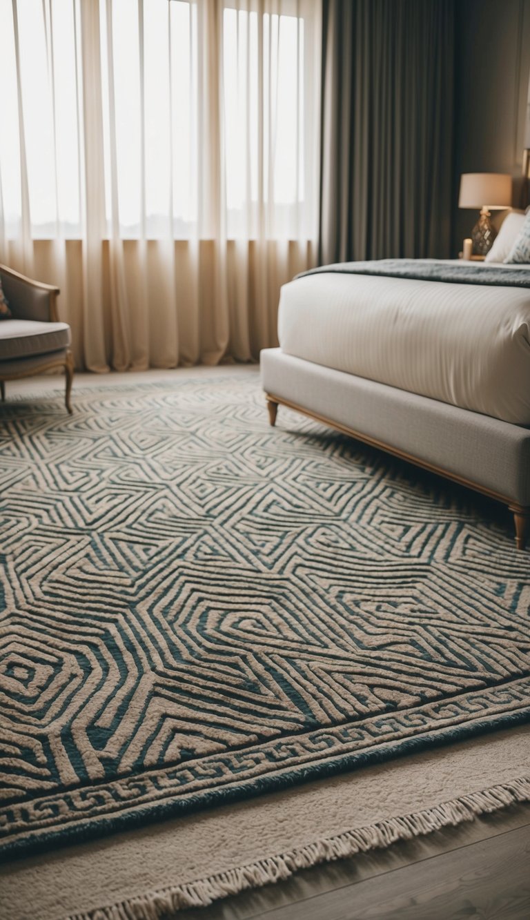 Layered area rugs with geometric patterns in a luxurious bedroom