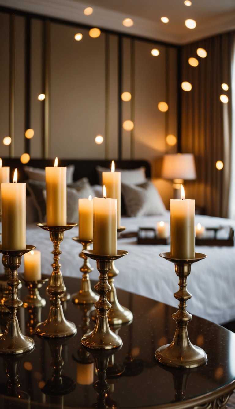 A luxurious bedroom with 24 decorative brass candle holders arranged on various surfaces, casting a warm and elegant glow throughout the room