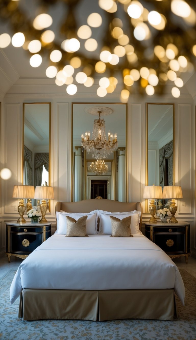 A luxurious bed with high-thread-count Egyptian cotton sheets, surrounded by opulent decor and elegant furniture