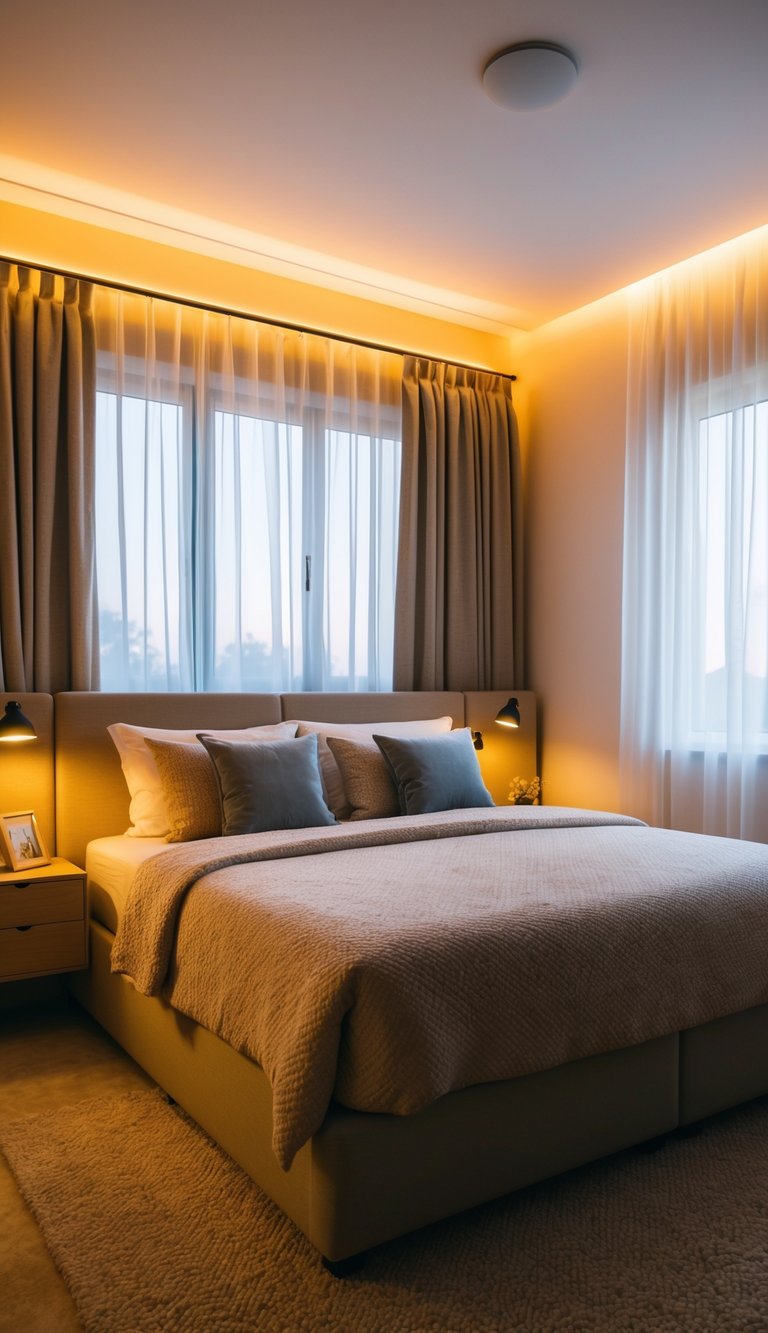 A cozy bedroom with soft, ambient LED strip lighting, creating a warm and inviting atmosphere