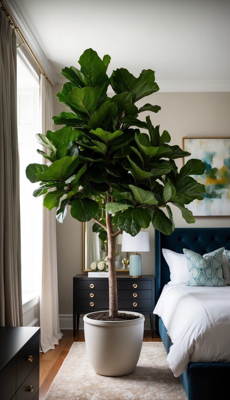A large potted fiddle leaf fig tree stands in a luxurious bedroom, adding a touch of greenery and elegance to the space