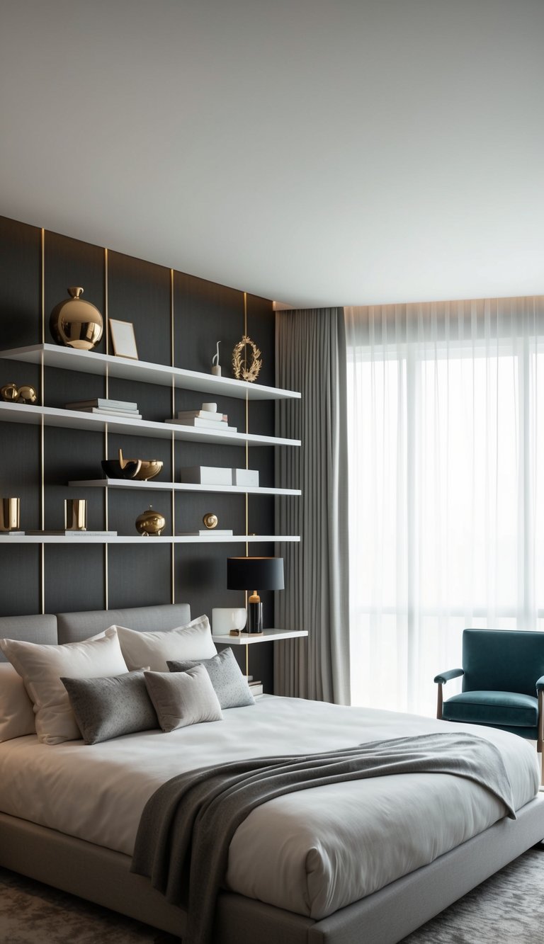 A sleek bedroom with 24 minimalist floating shelves showcasing luxe decor and accessories