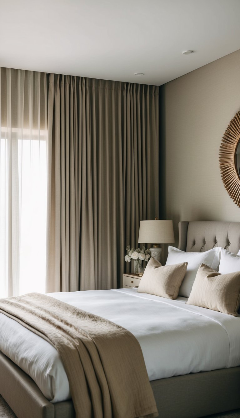 A cozy bedroom with linen blend blackout curtains, soft lighting, and luxurious decor