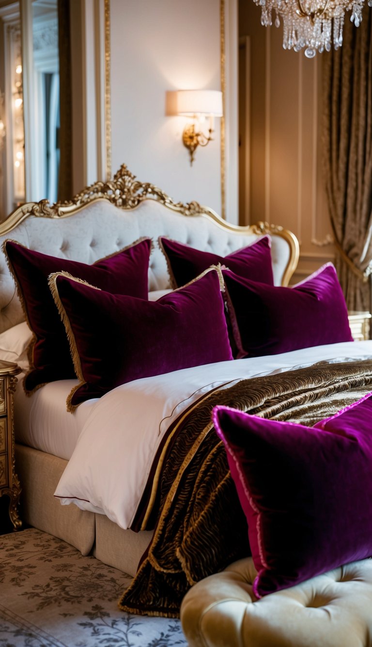 A luxurious bedroom adorned with oversized velvet pillows in rich jewel tones, creating a lavish and opulent atmosphere