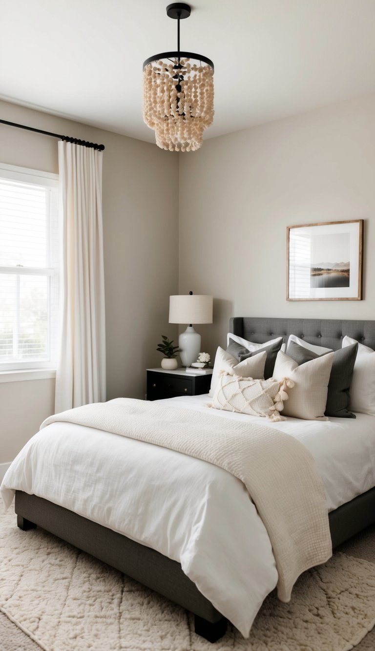 A cozy master bedroom with neutral colors, soft lighting, and minimal decor for a calming atmosphere