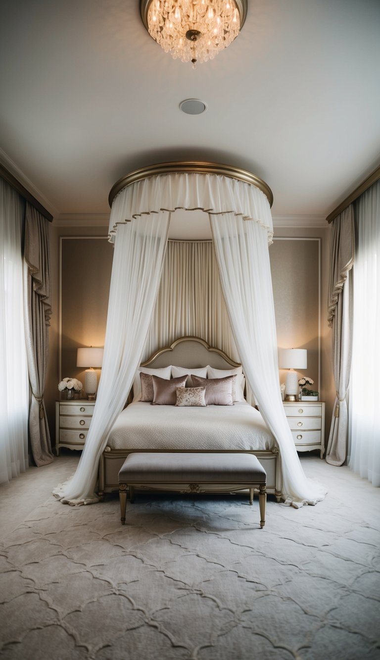 A luxurious master bedroom with a canopy bed draped in sheer curtains, surrounded by elegant decor and soft lighting