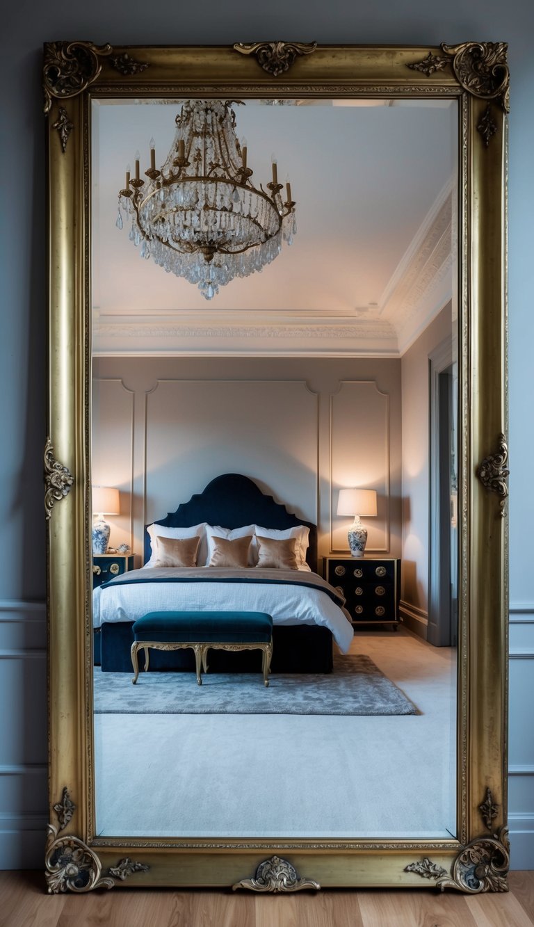 A grand antique brass floor mirror reflects a luxurious bedroom with 24 opulent design ideas