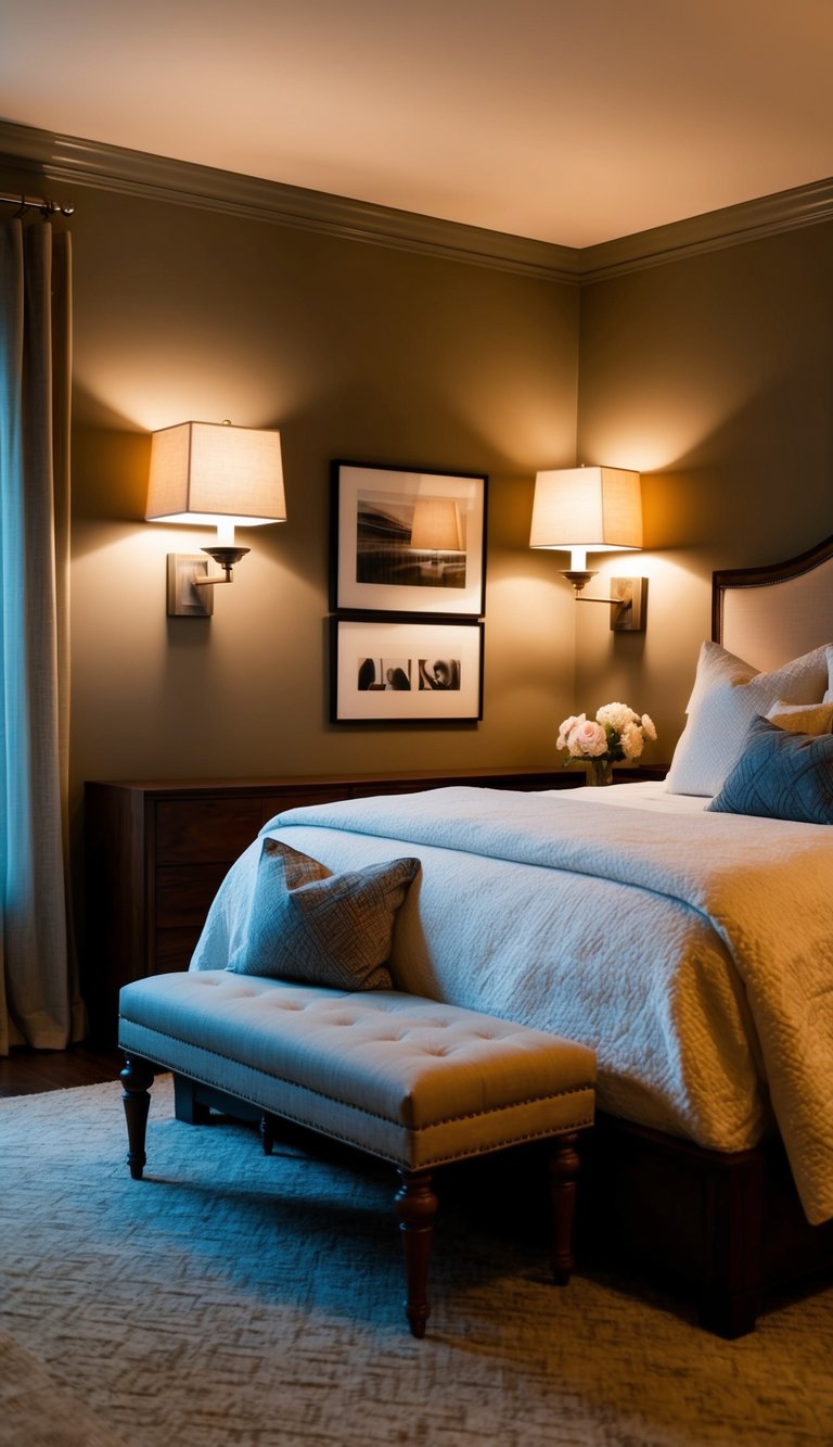 A cozy master bedroom with layered lighting from dimmable sconces, creating a warm and inviting ambiance