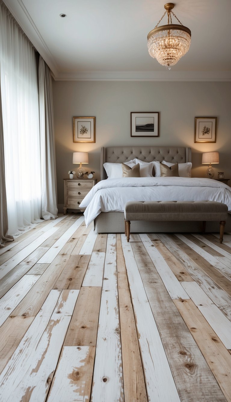 Whitewashed reclaimed wood flooring in a luxurious bedroom with elegant decor and soft lighting