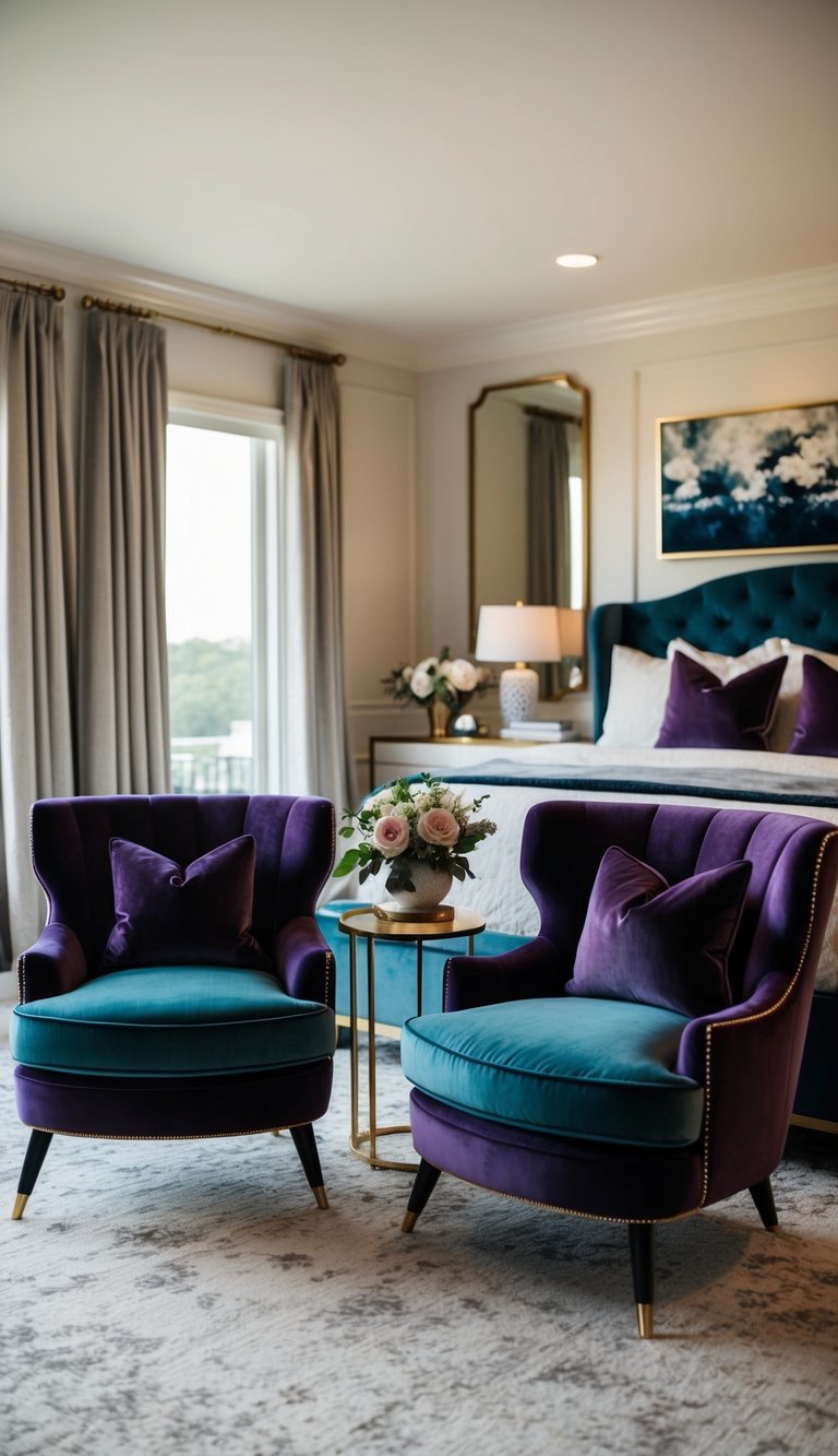 A cozy master bedroom with velvet accent chairs in deep jewel tones, set against a backdrop of luxurious and elegant decor