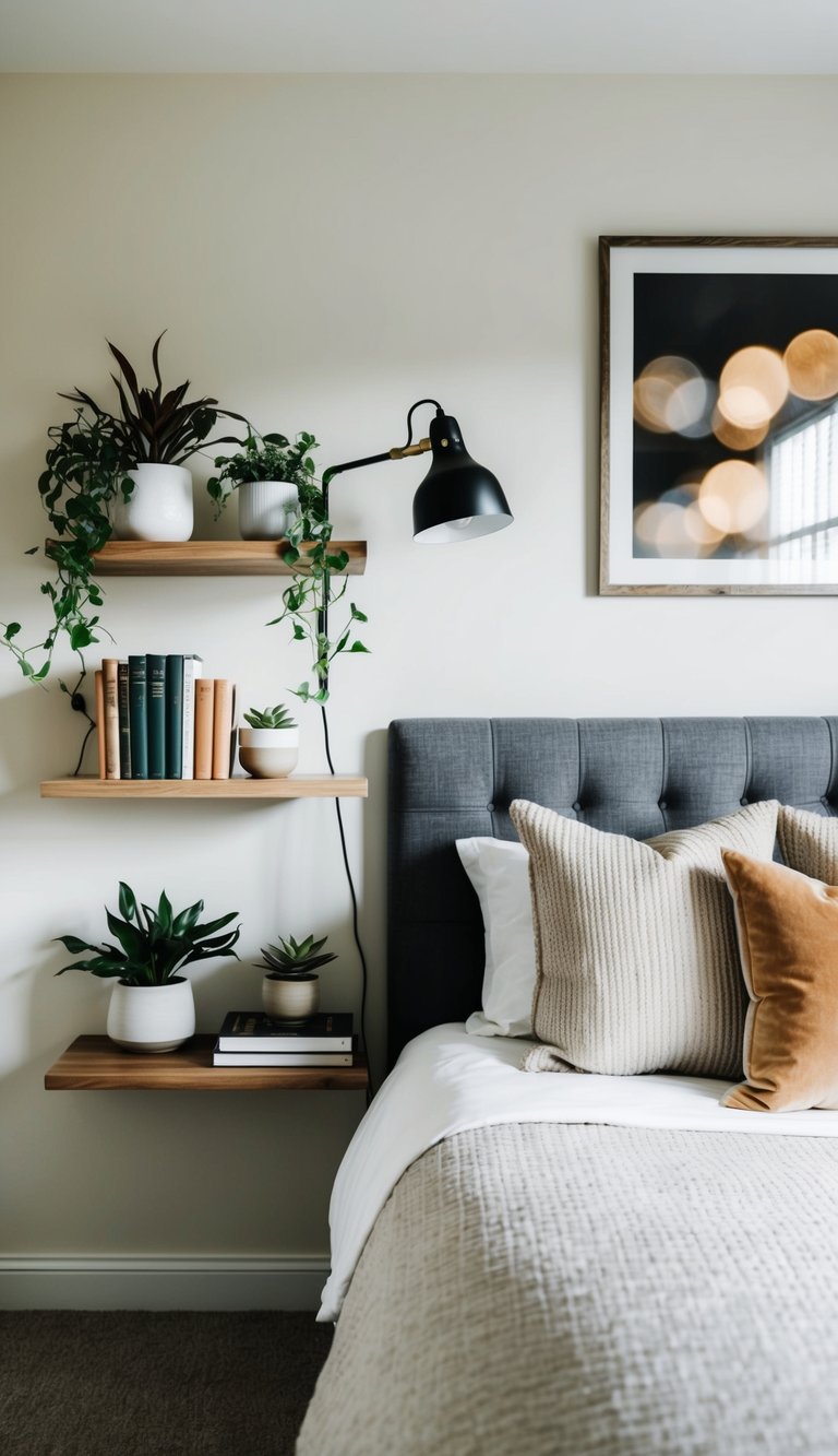 A cozy master bedroom with floating bedside shelves, adorned with plants, books, and a reading lamp