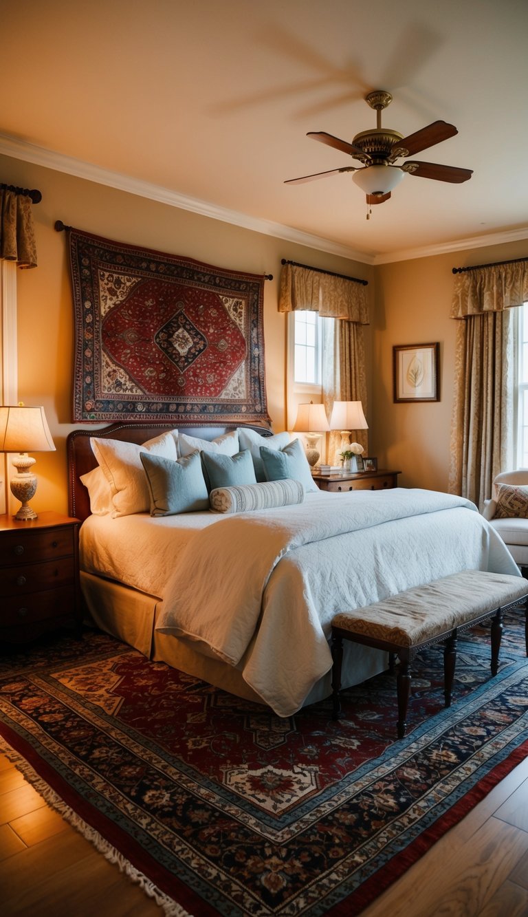 A cozy master bedroom with vintage Persian rugs, warm lighting, and elegant furniture