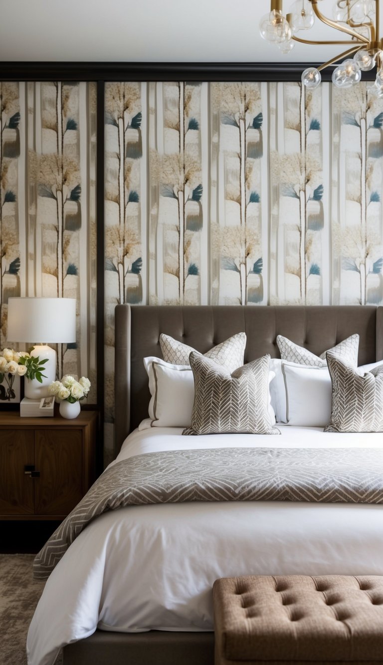 A cozy master bedroom with a statement wallpaper behind the bed, featuring elegant and modern design elements
