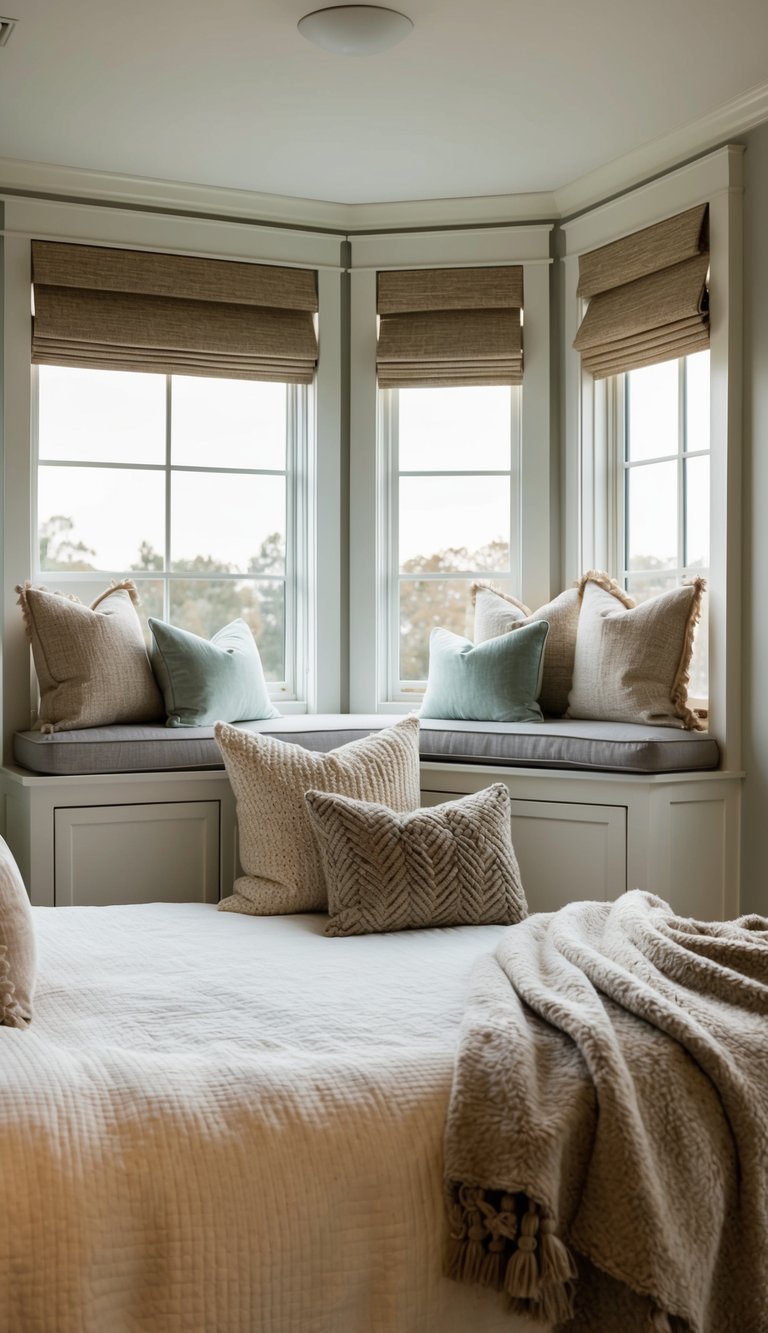 A cozy master bedroom with built-in window seats and hidden storage, adorned with plush pillows and soft throws