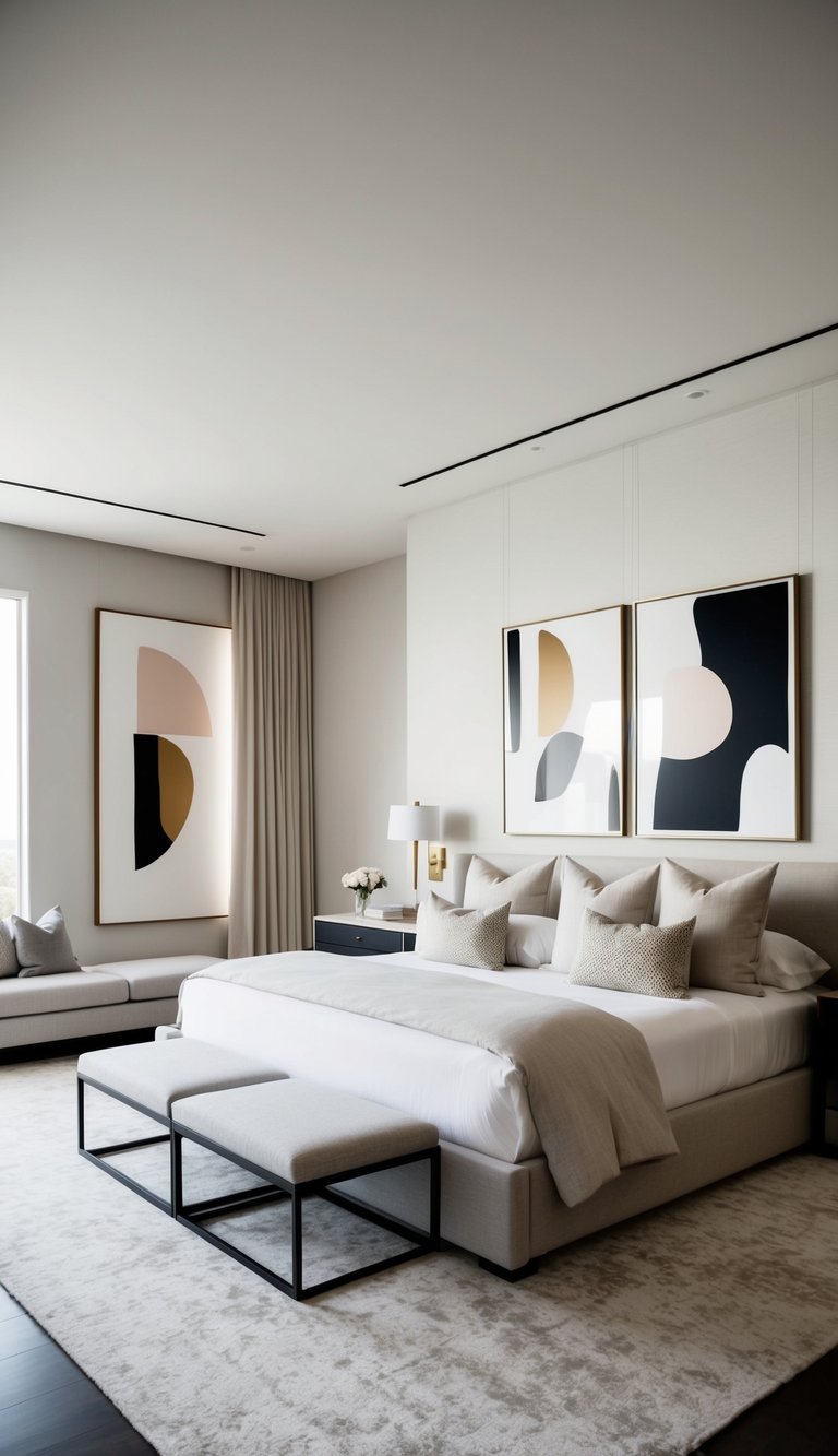 A spacious, modern master bedroom with oversized abstract art pieces hanging on the walls. Luxurious and serene ambiance with neutral tones and minimalistic decor