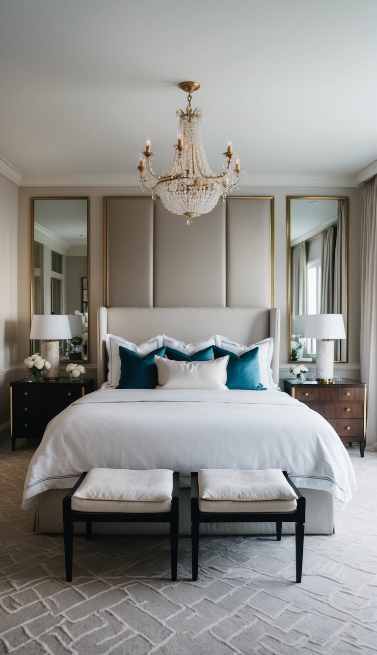 A luxurious bed with high-thread-count linen sheets, surrounded by elegant decor in a spacious master bedroom