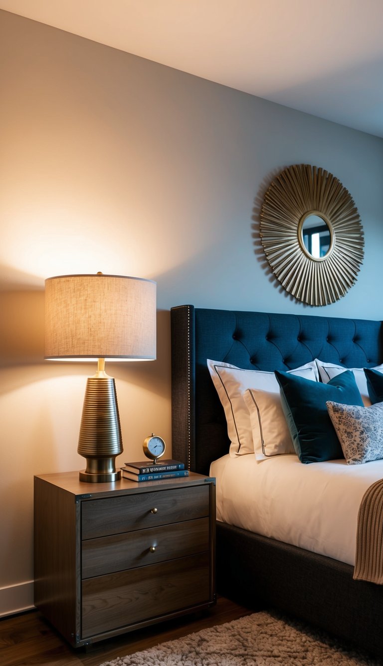 Two mixed metal bedside lamps illuminate a modern master bedroom with 25 design ideas