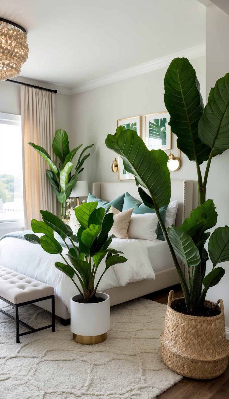 Lush snake and fiddle leaf fig plants adorn a cozy master bedroom with 25 design ideas