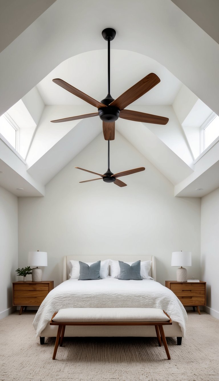 A spacious master bedroom with a high, white ceiling and two minimalist ceiling fans with wood blades