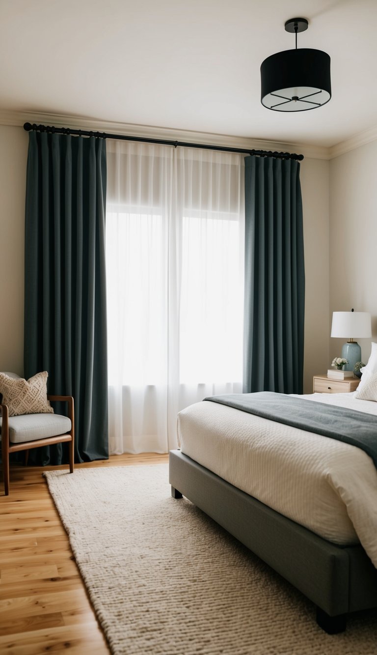 A cozy master bedroom with blackout curtains, soft lighting, and a comfortable bed