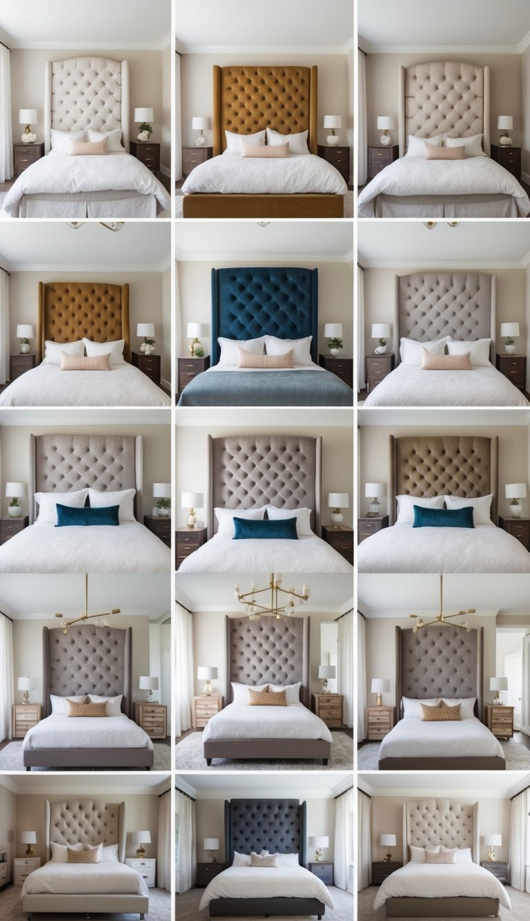 A spacious master bedroom with 25 different tufted upholstered headboard designs, each uniquely styled and arranged against a neutral backdrop