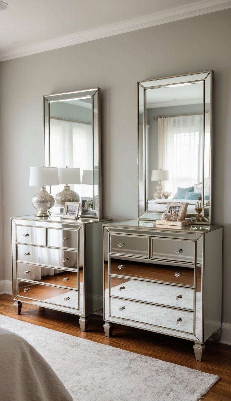 Two mirrored dressers reflect the soft light in a spacious master bedroom
