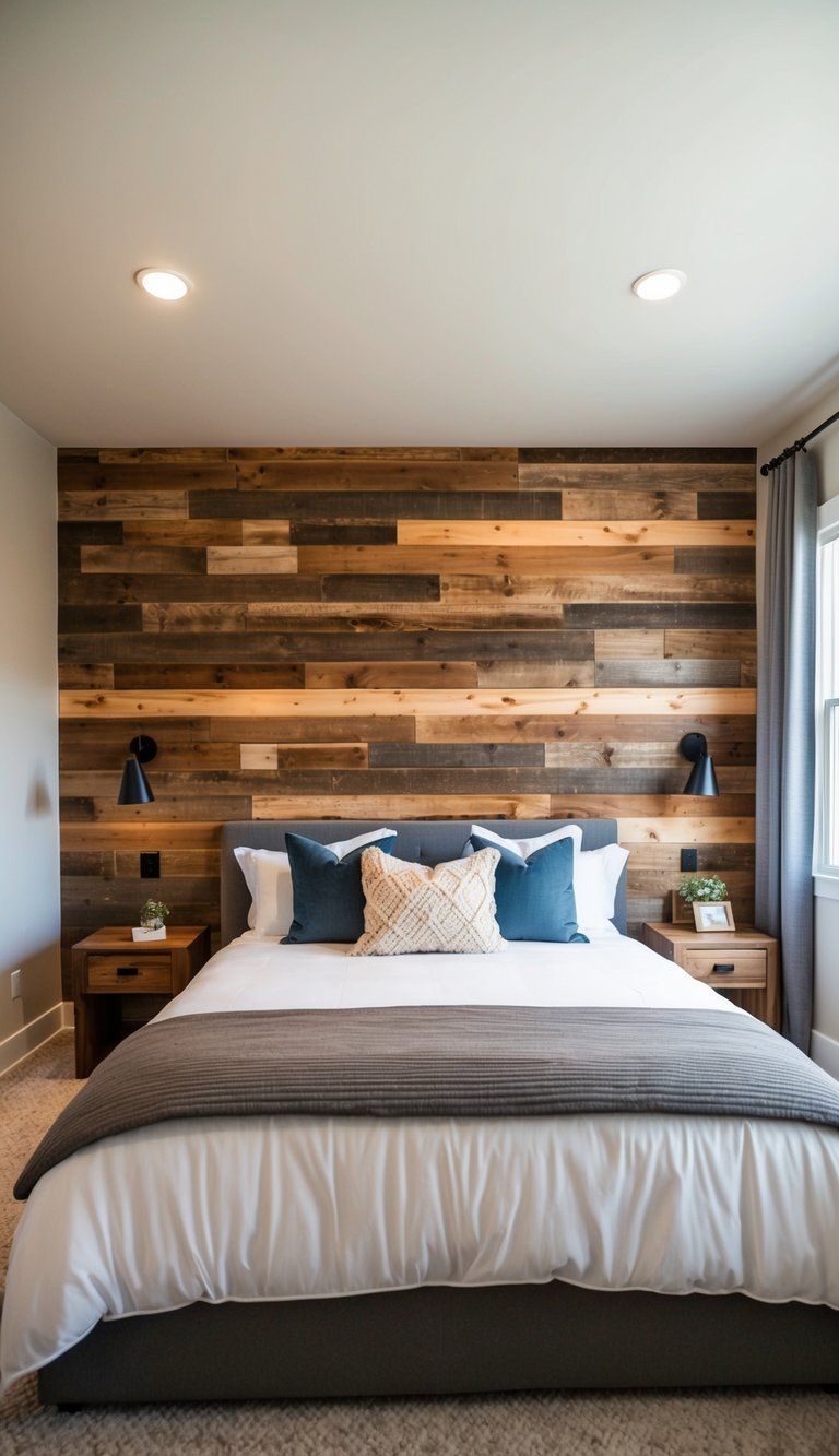 A cozy master bedroom with a focal wall covered in reclaimed wood panels