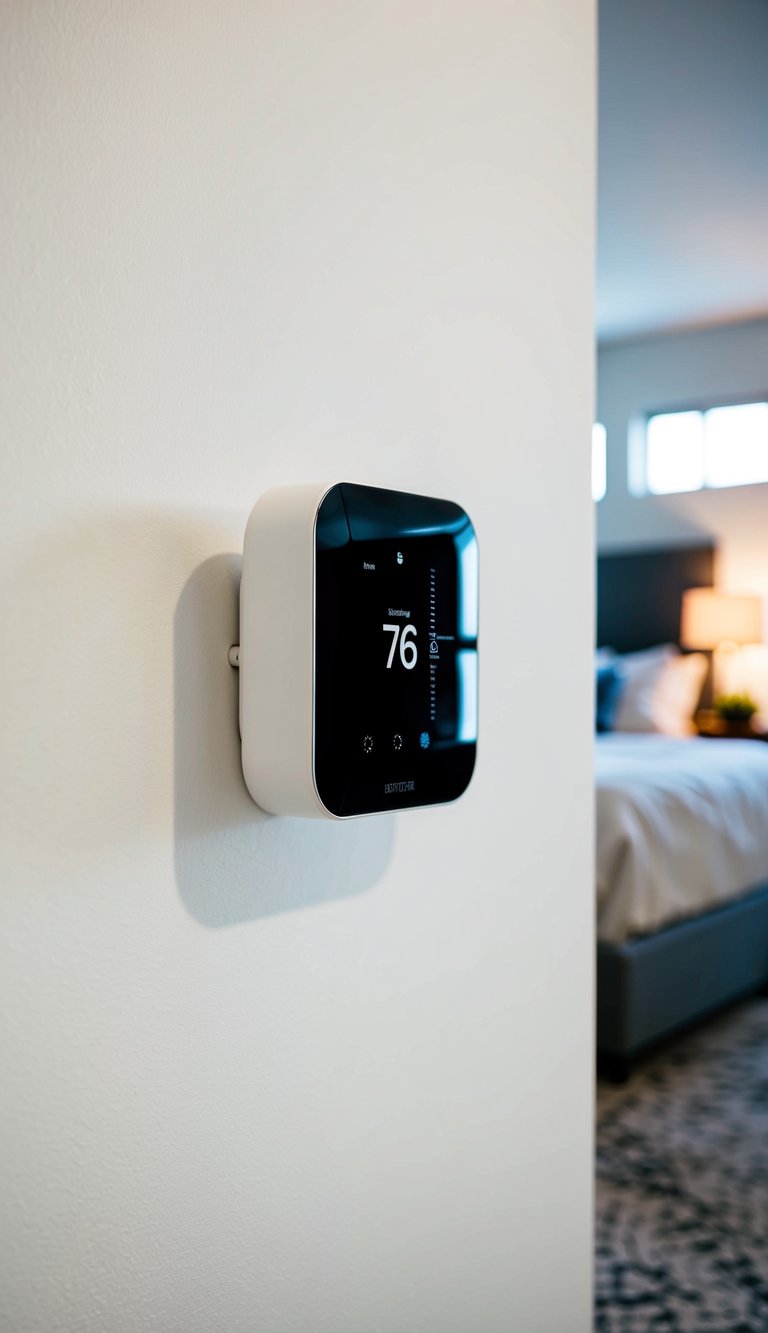 A modern, sleek smart thermostat mounted on a clean, white wall in a stylishly furnished master bedroom, with soft, ambient lighting