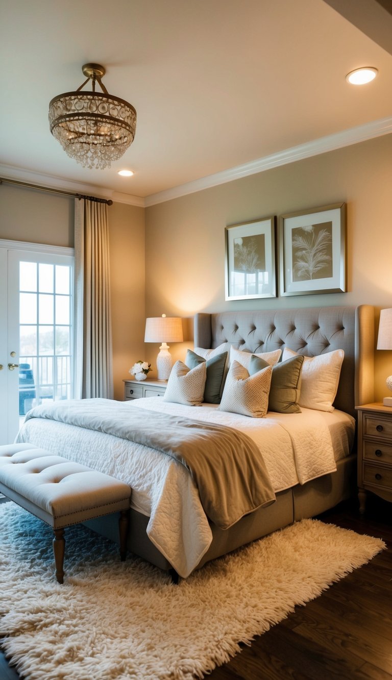A cozy master bedroom with a soft, plush area rug, elegant decor, and warm lighting