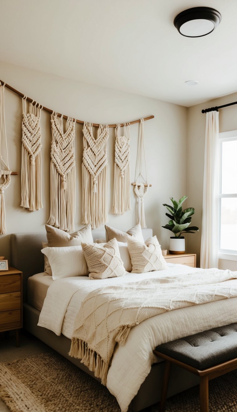A cozy master bedroom with boho-chic macrame wall hangings, soft lighting, and natural elements