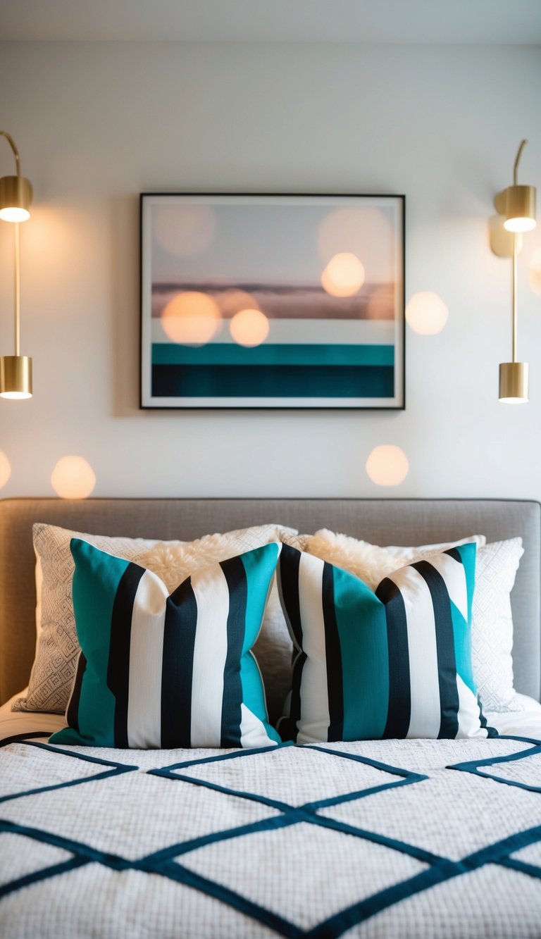 A bed with geometric throw pillows, surrounded by modern decor and soft lighting