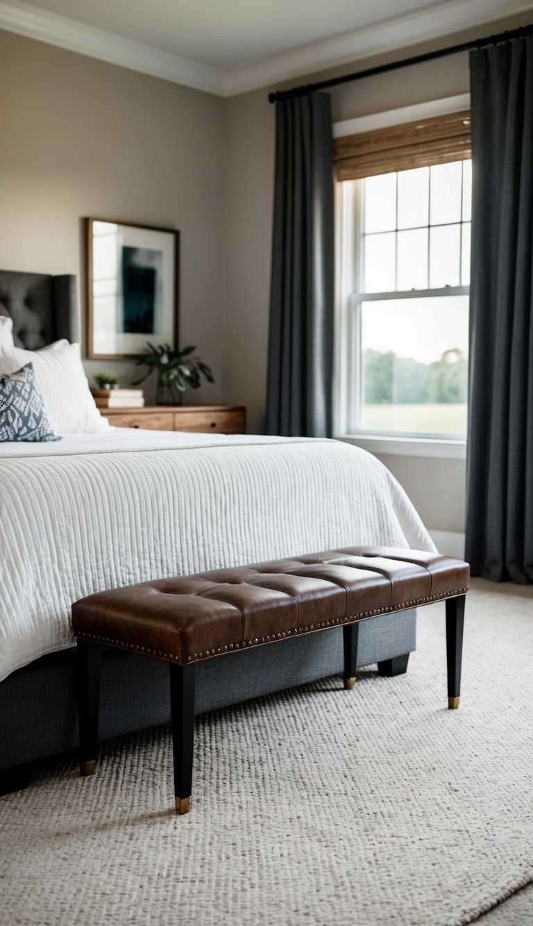 A leather bench sits at the foot of a neatly made bed in a spacious master bedroom