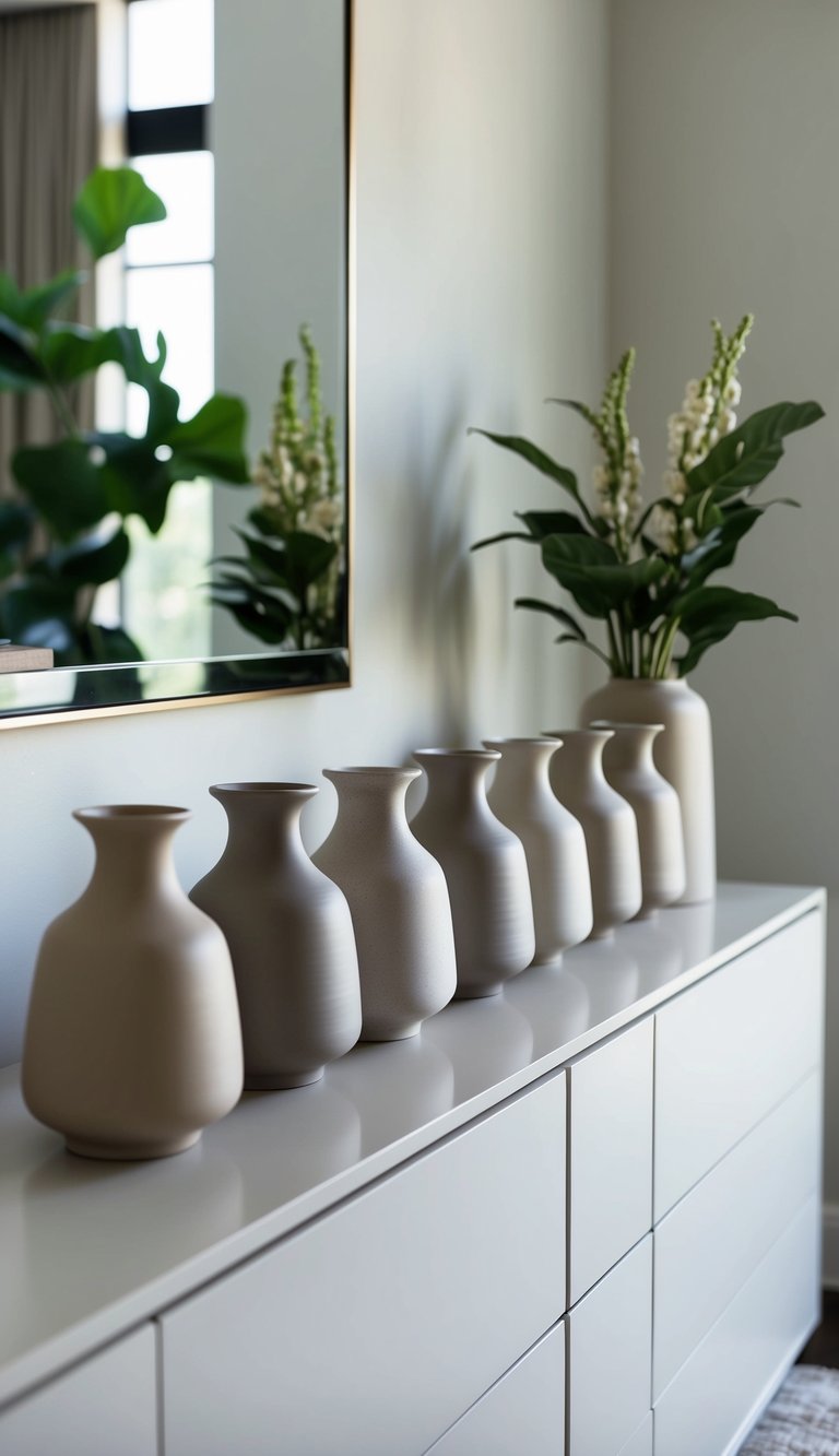 A row of neutral-tone ceramic vases arranged on a sleek dresser in a modern master bedroom
